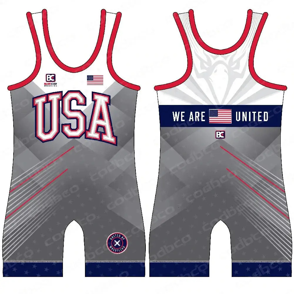 The USA Wrestling Singlets Suit Boxing One Piece Bodysuit Mens Gym Sports Elasticity Fitness Sleeveless Weightlifting Skinsuit 240711