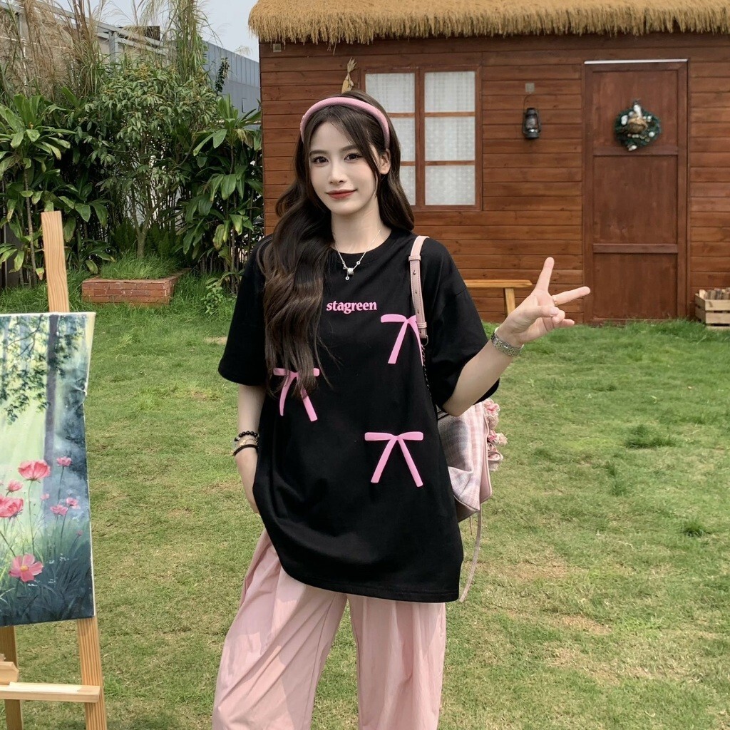 Designer sexy women's T-shirt pink bow short sleeved casual slim fit T-shirt women's full top