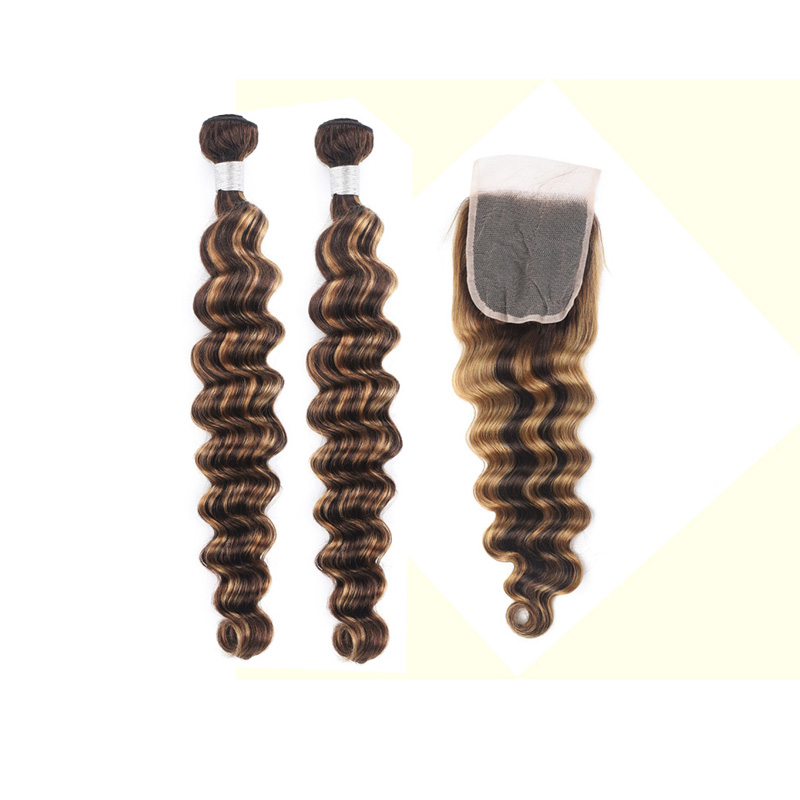 Loose Deep P4/27 Peruvian Brazilian Virgin Hair Wefts 2 Bundles With 4X4 Lace Closure Piano Color 3 PCS 10-30inch