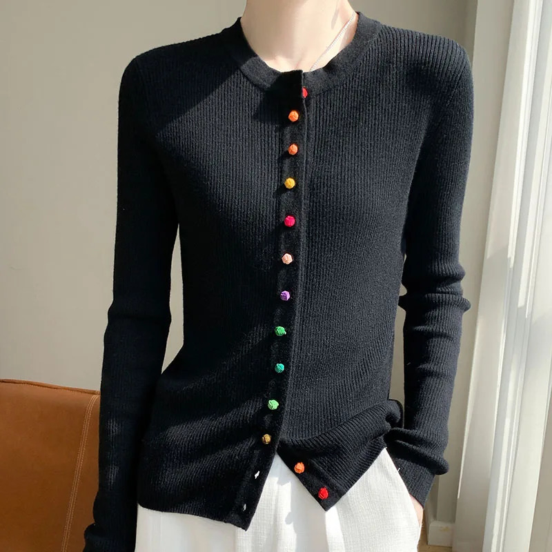 Womens 100% Merino Wool Sweater Round Collar Colorful Buckles Slim Fit Cardigan Autumn Winter Warm Jacket Casual Knit Basic Top 240712