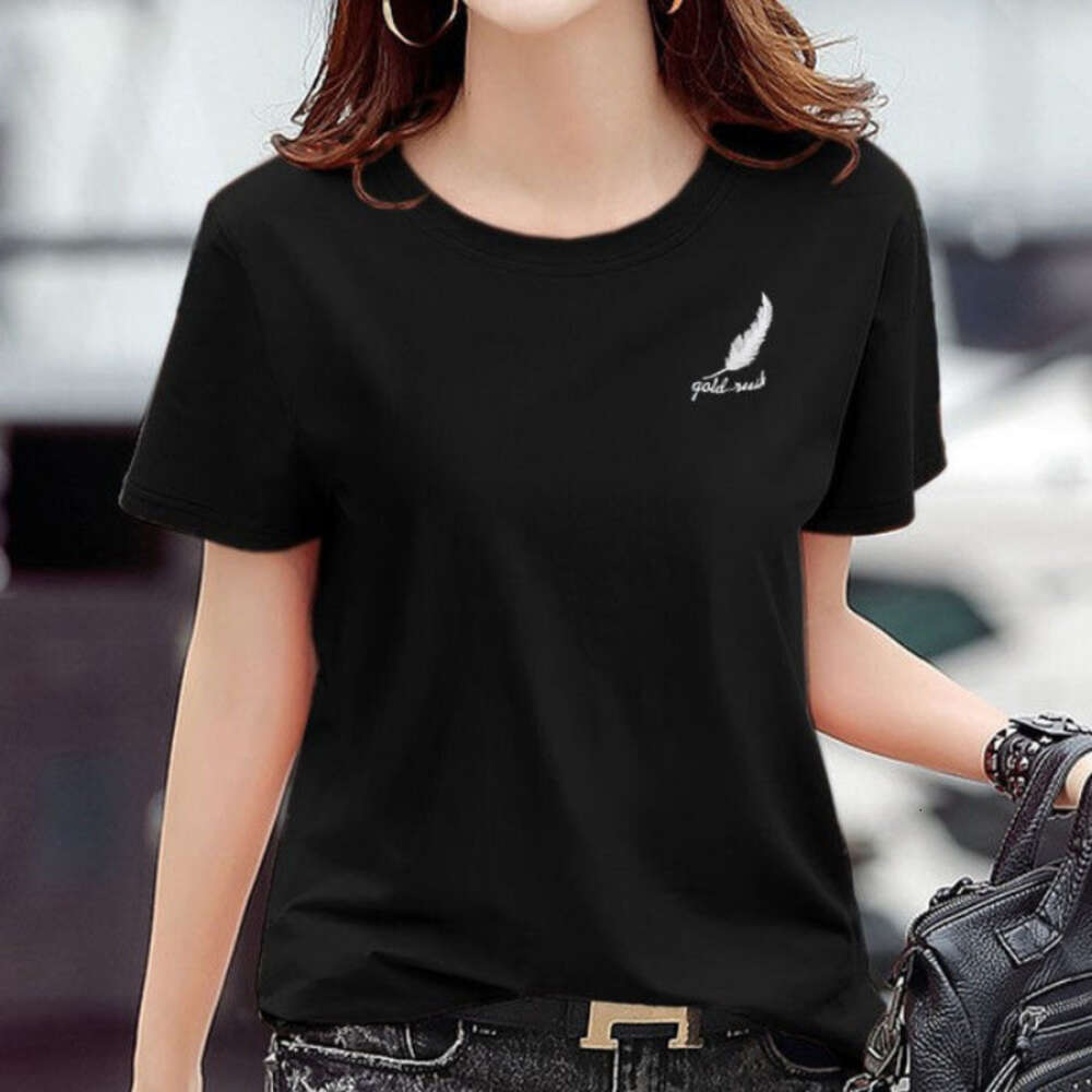 Women's feather printed cotton summer new round neck loose casual T-shirt fashion versatile women's short-sleeved shirt