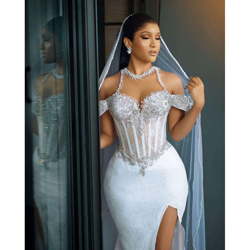 Gorgeous Pearls Mermaid special Dresses Crystal Beading Bridal Gowns with Detachable Train Lace Custom Made Vestido de novia