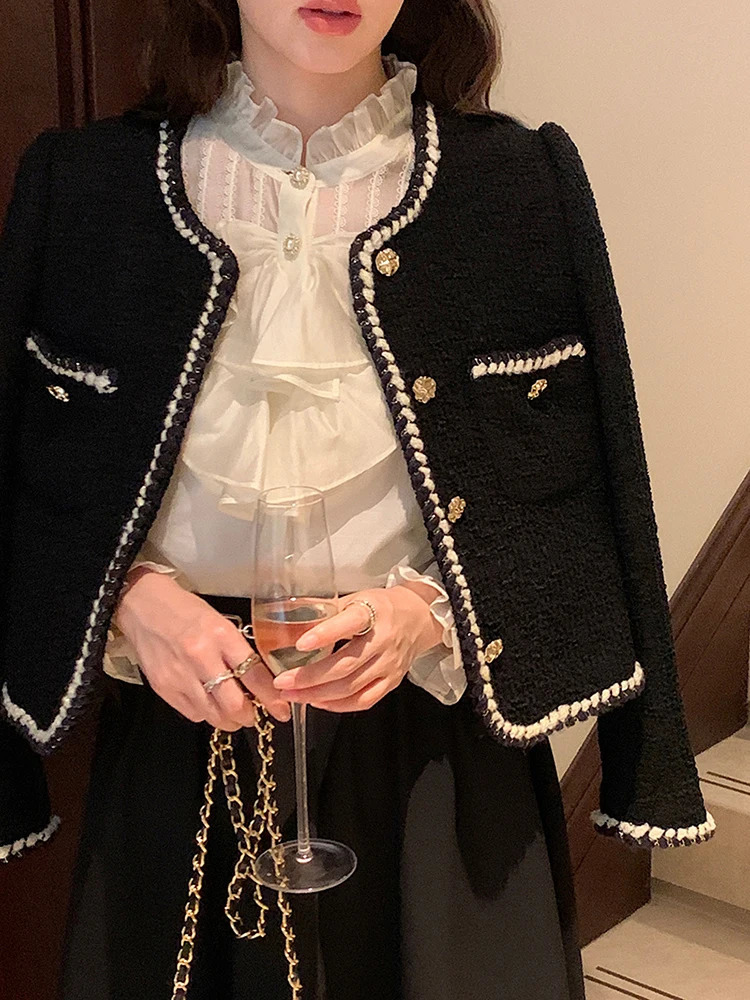 Zoki Sweet Vintage Tweed Jacket Women Elegant French Cropped Coat Casual Long Sleeve Simple All Match Retro Female Outwear Tops 240715