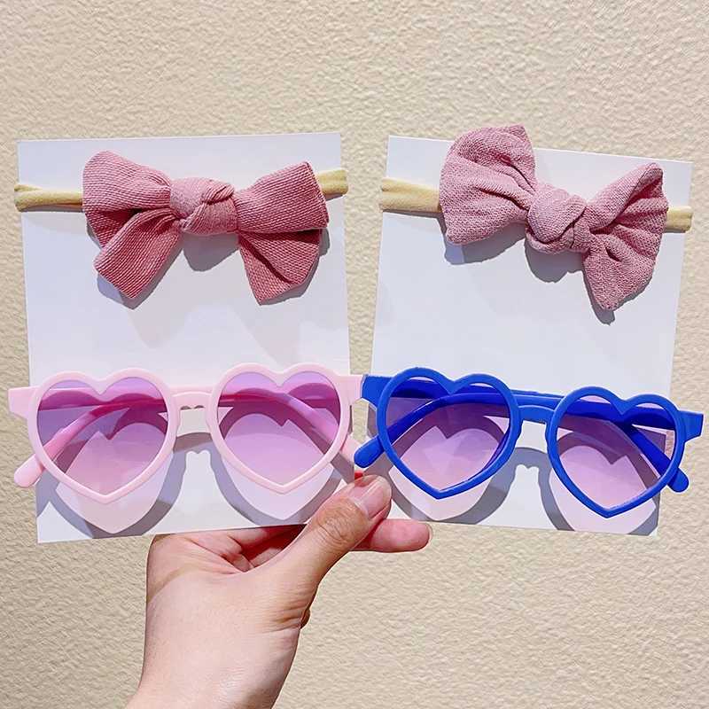 Sunglasses 2 Pcs/Set New Baby Girls Cute Solid Bowknot Hairbands Children Heart Sunglasses Hair Bands Headwear Kids Lovely Hair Accessories