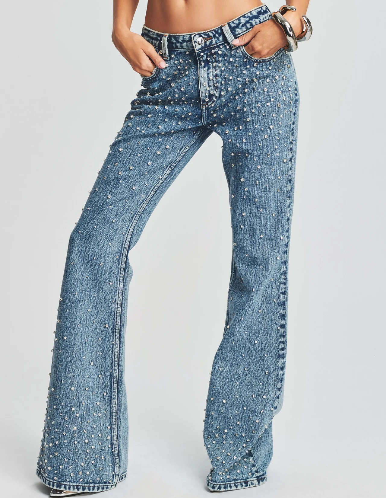 High Quality Women's Denim Skinny Mid Waist acid wash crystal embellishments Jeans For Women