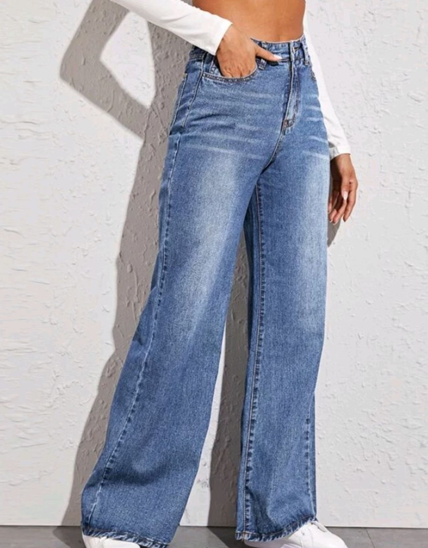 Wholesale New Design Wide Leg Casual Loose Full Length Straight Boyfriend Jeans For Women Zipper Fly