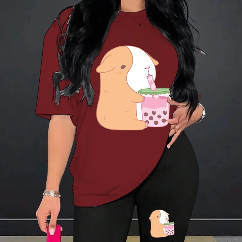 Cartoon Guinea Pig Bobo Tea Tshirt 2Pieces Short Sleeve T Shirt and Yoga Legging Shorts Suit Plus Size Tracksuit Women 240712