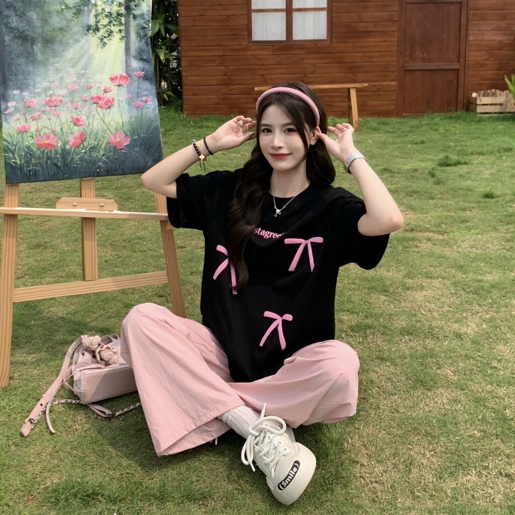 Designer sexy women's T-shirt pink bow short sleeved casual slim fit T-shirt women's full top