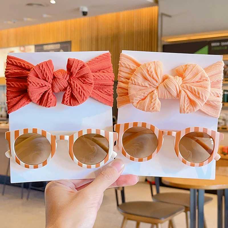 Sunglasses 2Pcs/Set Baby Girls Cute Colors Soft Bowknot Wide Hairbands Children Colorful Checkerboard Sunglasses Set Kids Hair Accessories