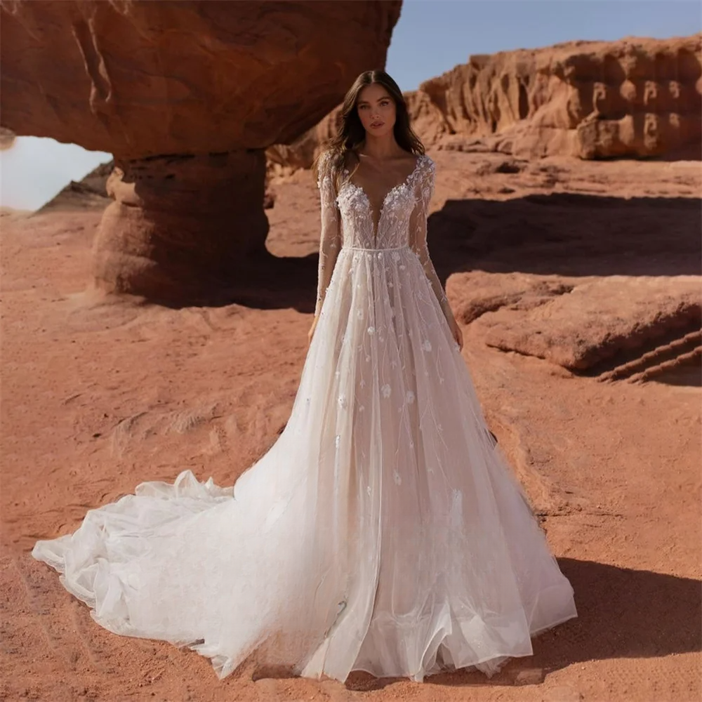 New A-e Bride V-Neck Long Sleeves Applique Tulle with Train Dresses For Woman Wedding Dress Vestidos De Novia