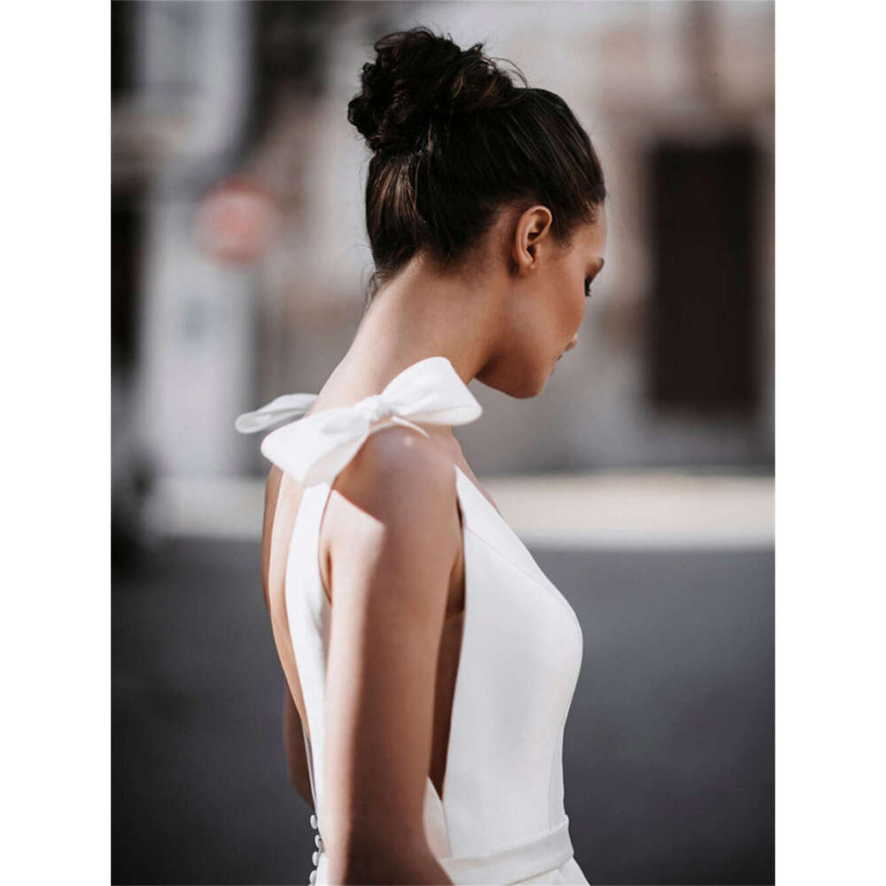 ful A-e Wedding Dresses Bow Sleeveless Bride Robe V-Neck Backless New Bridal Gown Lace Spaghetti Strap Vestidos De Noiva