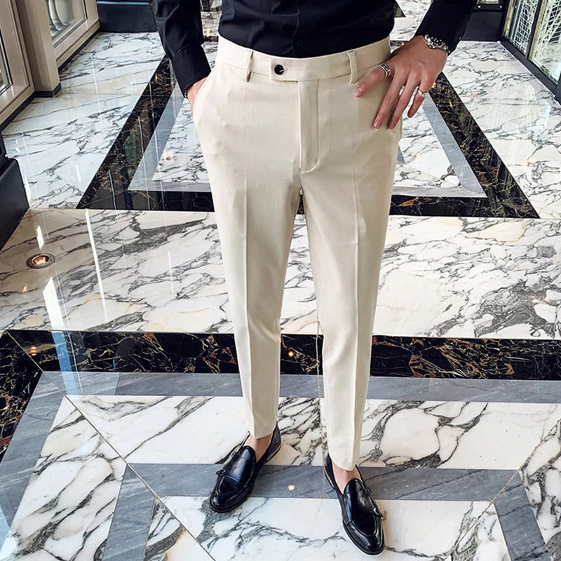 Boutique Fashion Solid Color Mens White Business Casual Suit Pants Male Slim Casual Trousers Wedding Dress Suit Pants 240708