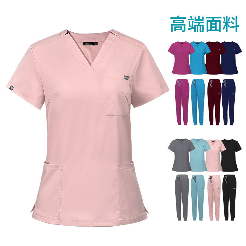 Elastic surgical V-neck short sleeved hospital nurse suit for women's operating room hand washing clothes F716#79 ab3652