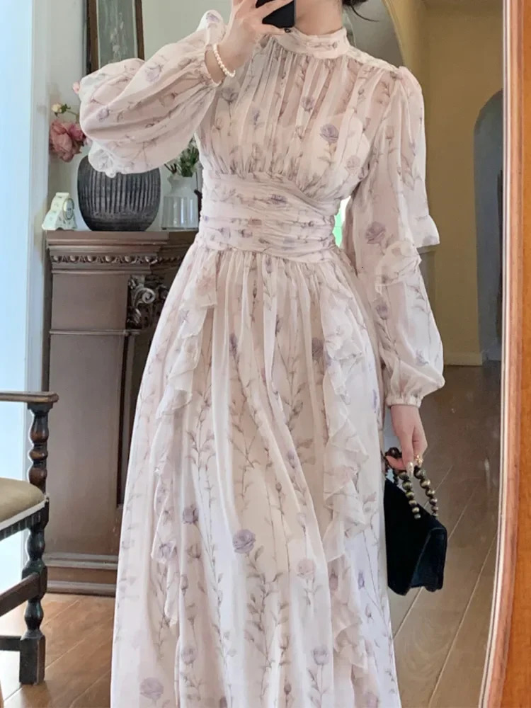 French Vintage Floral Print Chiffon Midi Dresses For Women Ruffles Patchwork High Waist Fairy Office Ladies Elegant Robe 240712