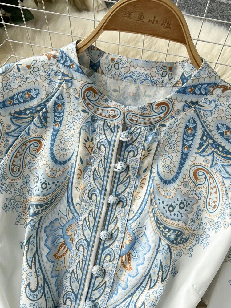 Women Vintage Party Dress Fashion Long Sleeve Single Breasted Stand Collar Elegant Printed Dresses Spring Autumn Robe 240715