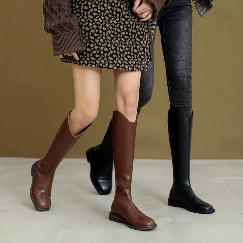 Women Knee-high Genuine Natural Leather Ladies Bootie Autumn and Winter Veet Western Boots Goth Shoes 240708
