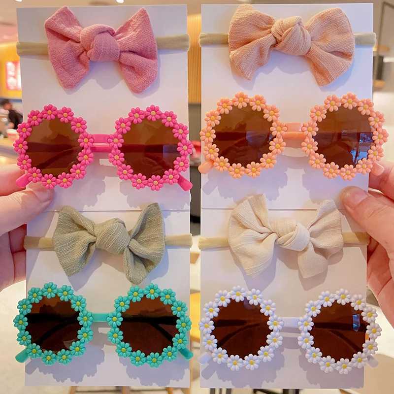 Sunglasses 2Pcs/Set New Children Cute Fashion Acrylic Daisy Sunglasses UV400 Colors Lovely Soft Bowknot Headbands Set Kids Hair Accessories