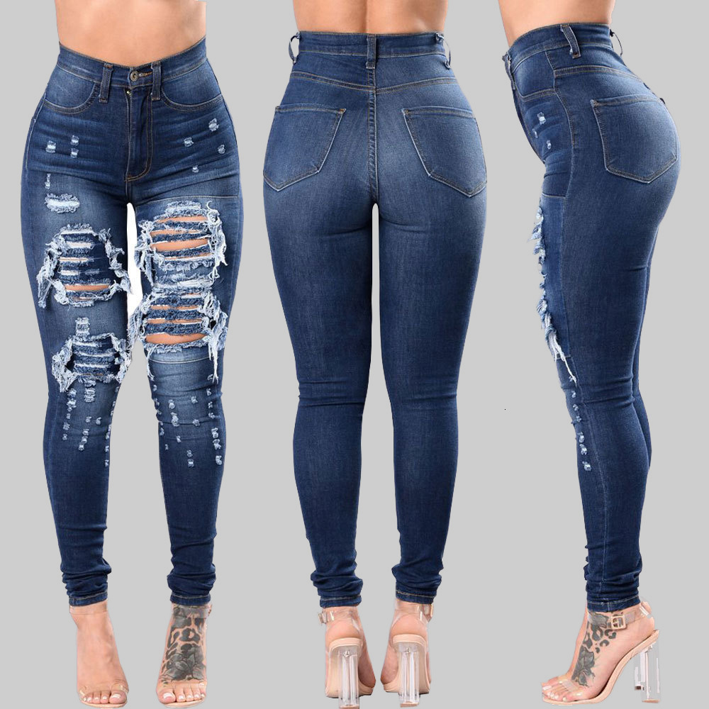 Women Fashion Hip Hop Broken Holes Denim High Waist Ripped skinny Jeans Pencil Pants