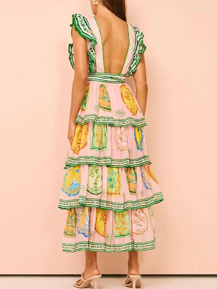 Casual Dresses Fashion O Neck Sleeveless Belt A-line Women Printed Layered Ruffles Cake Dress Summer Elegant Female Vacation Party Robe