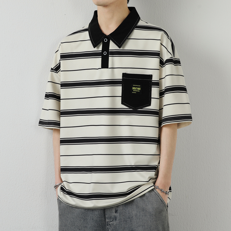 Summer men's trend loose fitting clothing, student short T-shirt top, round neck striped five quarter sleeve half sleeved POLO shirt