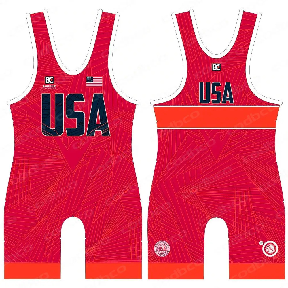 The USA Wrestling Singlets Suit Boxing One Piece Bodysuit Mens Gym Sports Elasticity Fitness Sleeveless Weightlifting Skinsuit 240711