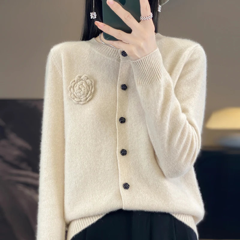 Spring and autumn 100% merino wool cashmere sweater womens cardigan loose fashion round neck knitted coat top 240713