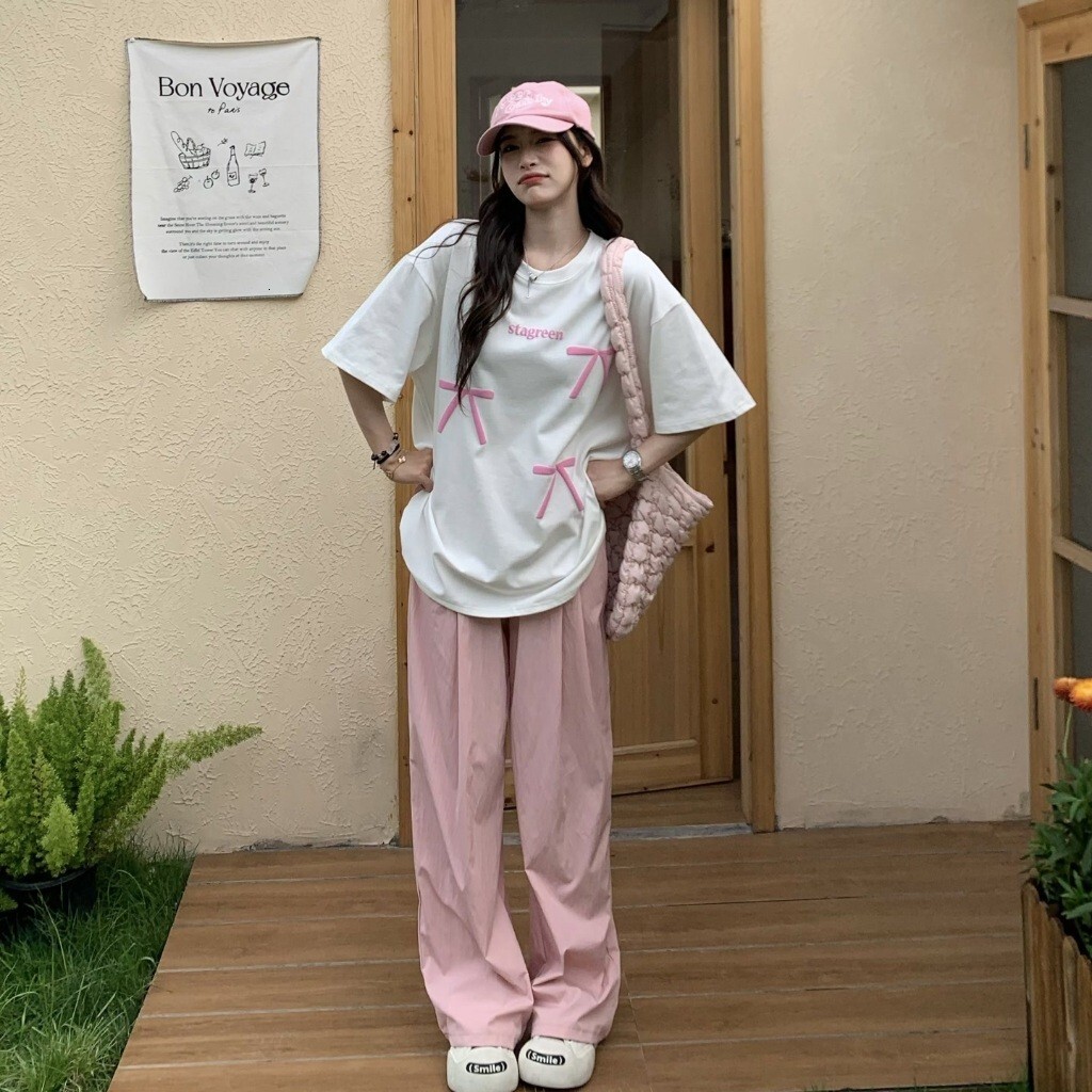 Designer sexy women's T-shirt pink bow short sleeved casual slim fit T-shirt women's full top