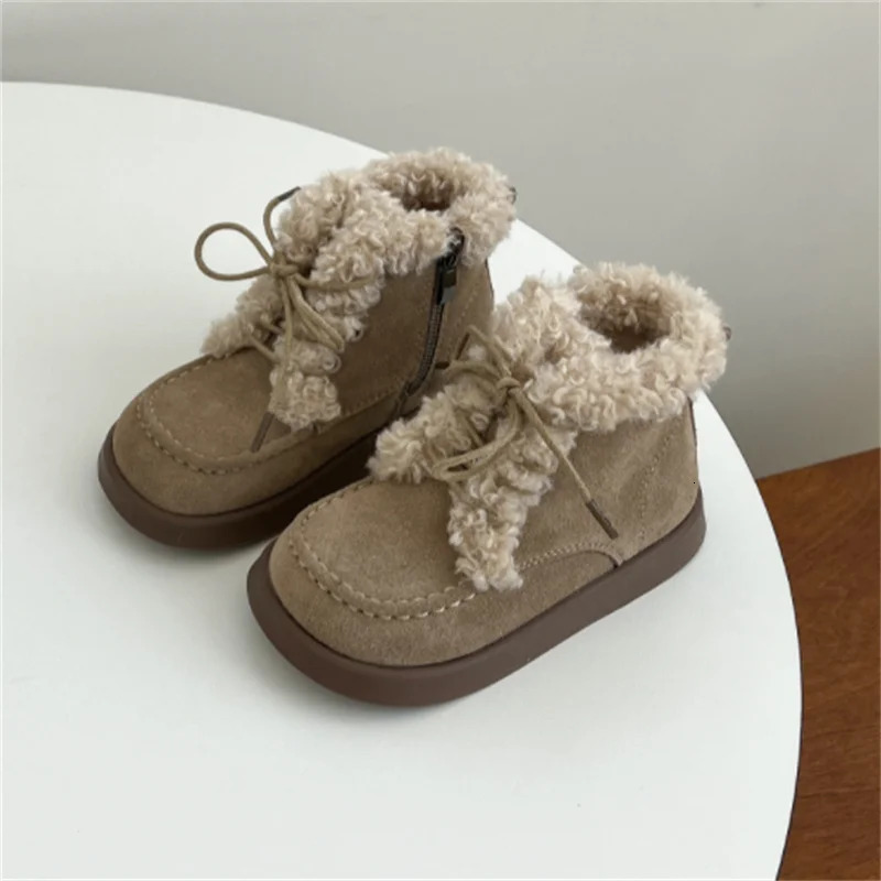 Winter Children Snow Boots Leather Warm Plush Kids Ankle Boots Non-slip Fashion Todder Boys Girls Boots 22-30 240710