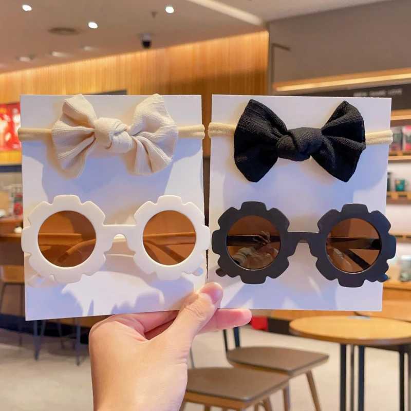 Sunglasses 2 Pcs/Set Boys Girls Colors Square Edged Sunflower Sunglasses UV400 Cute Soft Bowknot Headbands Set Lovely Kids Hair Accessories