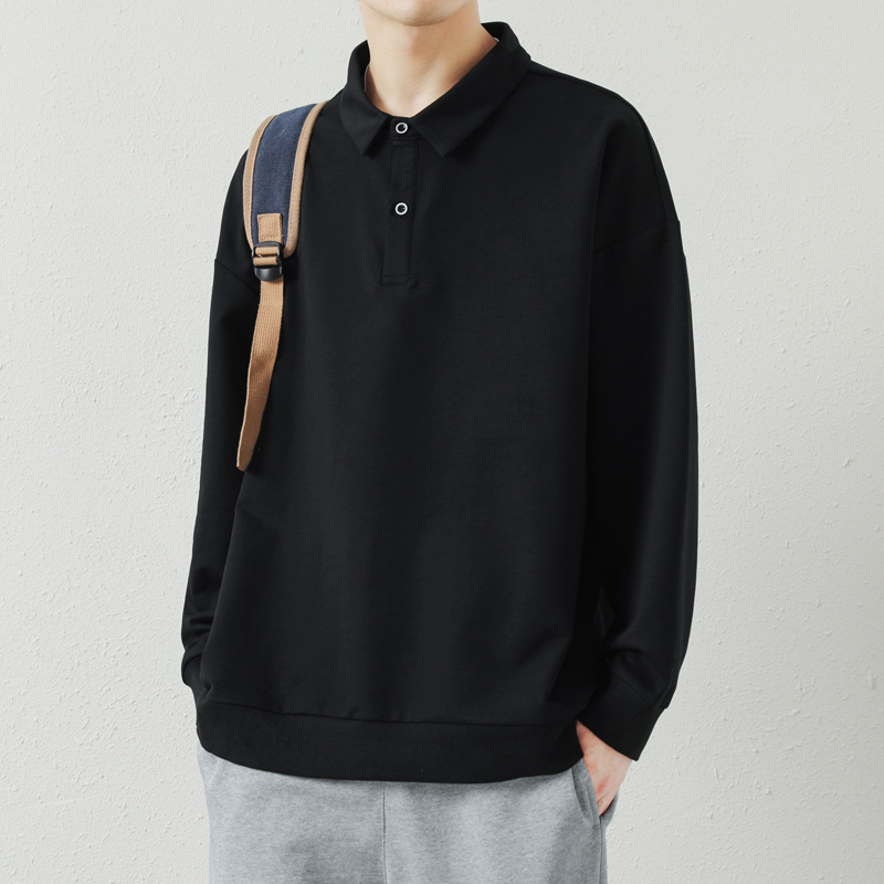 Autumn new long sleeved polo shirt top, solid color versatile cotton base shirt, lapel sweatshirt, men's pullover