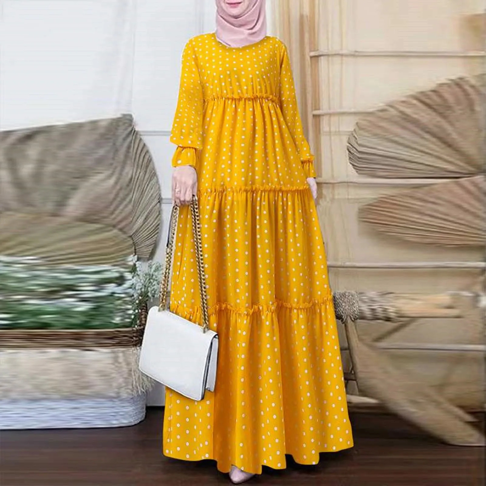 Bohemian Polka Dot Muslim Dresses Abaya Ramadan Dubai Turkey Kaftan For Women Modest Robe Islam Clothing 240715