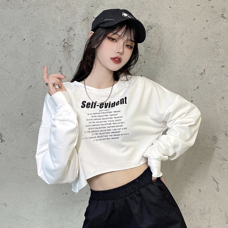 Women's Crop Top High Waisted Jazz Street Hip Hop Tee Fashion Letters Floating Waist Long Sleeve T-shirt Oversized Korean Teenage Clothes