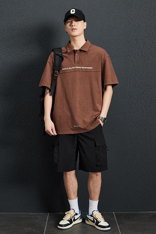 Summer new short sleeved shirt trendy brand washed pure cotton polo collar t-shirt top