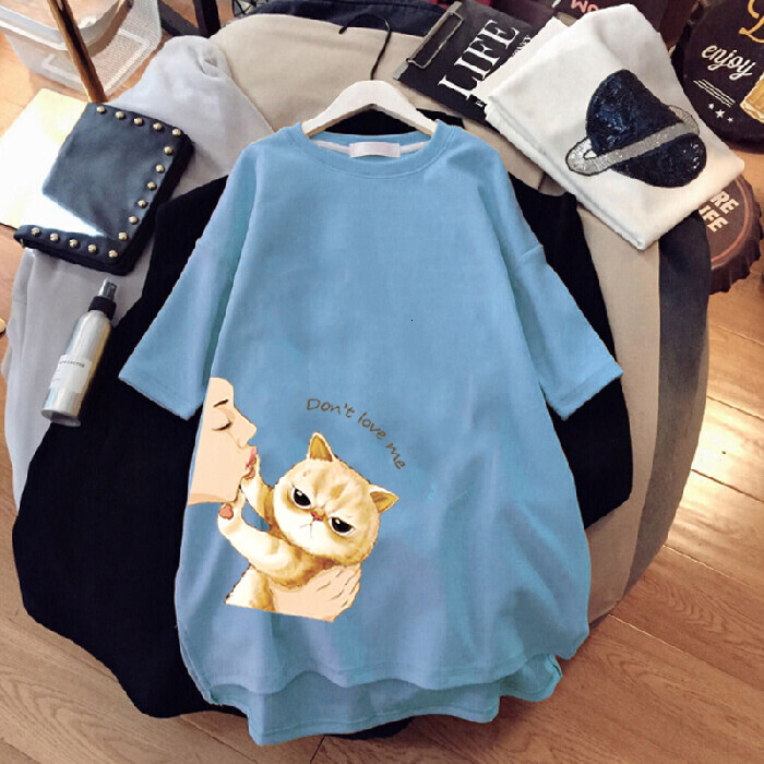 kkli Women's Summer Blouse Cute Cat Short-Sleeve T-Shirt Fashion Round Neck Dress Student Tees / Clothes