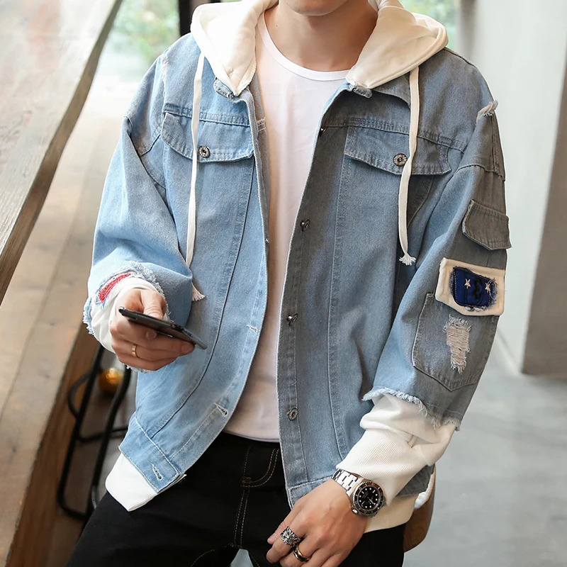 Men Denim Jacket Streetwear Hip Hop Mens Hooded Jean Jackets Male Casual Loose Outerwear Spring Fashion Slim Fit Coat 240712