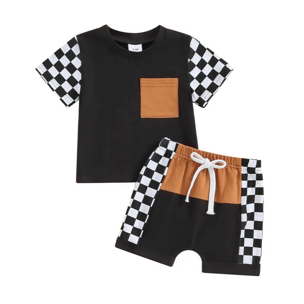 Clothing Sets 2023-12-25 Lioraitiin Toddler Baby Boy Summer Outfits Checkerboard Short Sleeve Tops + Patchwork Shorts Set Clothes RI6N