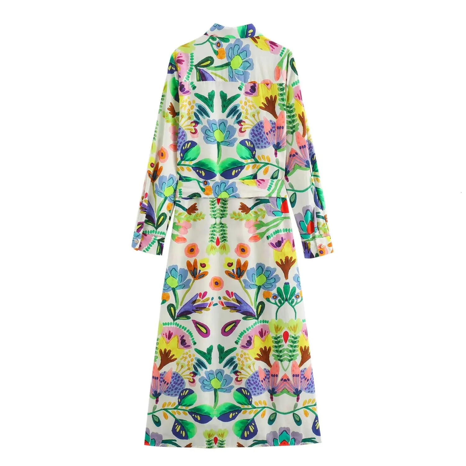 Womens Long Sleeved Dress Flower Printed Shirt Style Slimming Waist Belt Decorating Temperament 240715