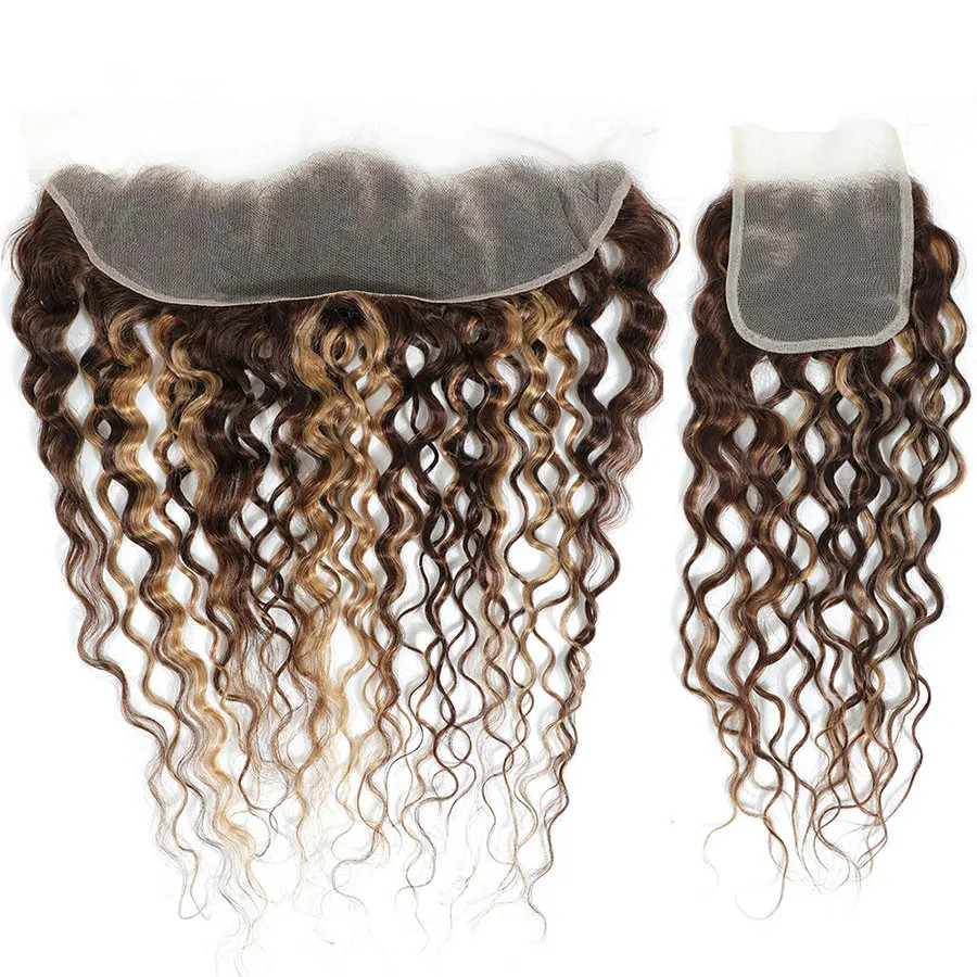 Water Wave 13x4 13x6 Transparent Lace Frontal Highlight P4/27 4x4 5x5 6x6 7x7 Lace Clsoure Human Hair Ombre Brown Honey Blonde Color