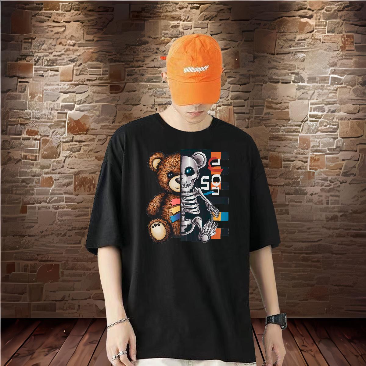 Loose Fit T Shirt For Man bear 230g Cotton Street wear Hip Hop Short Sleeve Cotton O-Neck Men Clothes T-Shirt 2024 Plus Size Cartoon Tees