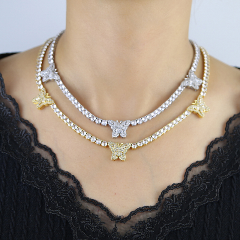 Iced Out Bling Cz Butterfly Heart Tennis Necklace Micro Paved Cubic Zirconia Link Chain Best Gift for Women Hip Hop Jewelry
