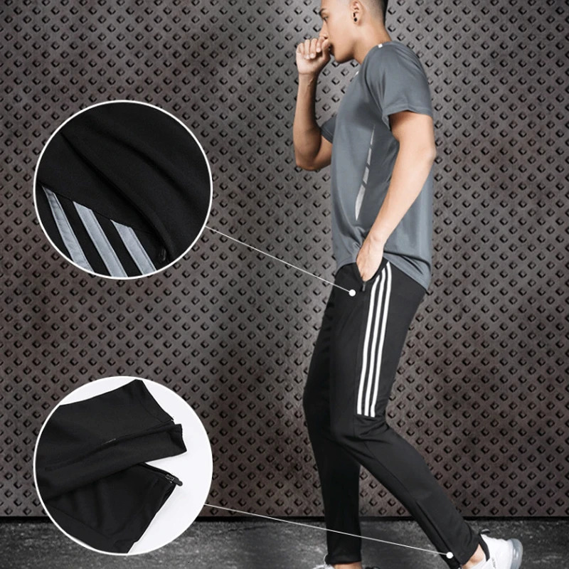 Quick Dry Mens Sports Soccer Football Training Pants With Zipper Pockets Running Jogging Long 240705
