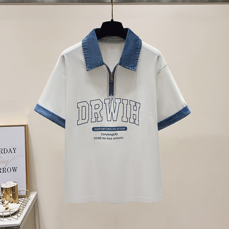 2024 summer new denim patchwork half zipper sweet and cool college style fashionable loose short sleeved T-shirt for women