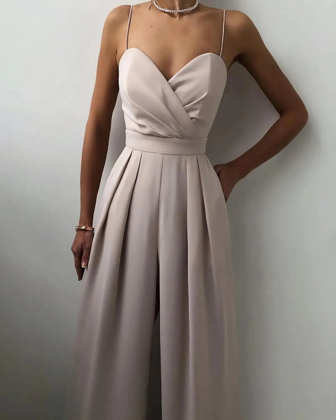 Chic Spaghetti Straps Wide Leg Pants Jumpsuits Elegant Fashion Women Ladies V-Neck High Waist Long Rompers Sleeveless Suit 240715