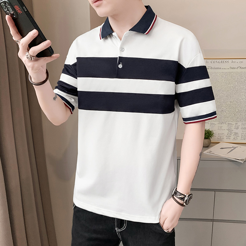 Summer t-shirt, new short sleeved T-shirt, slim fitting collar, striped cotton clothing, men's polo shirt