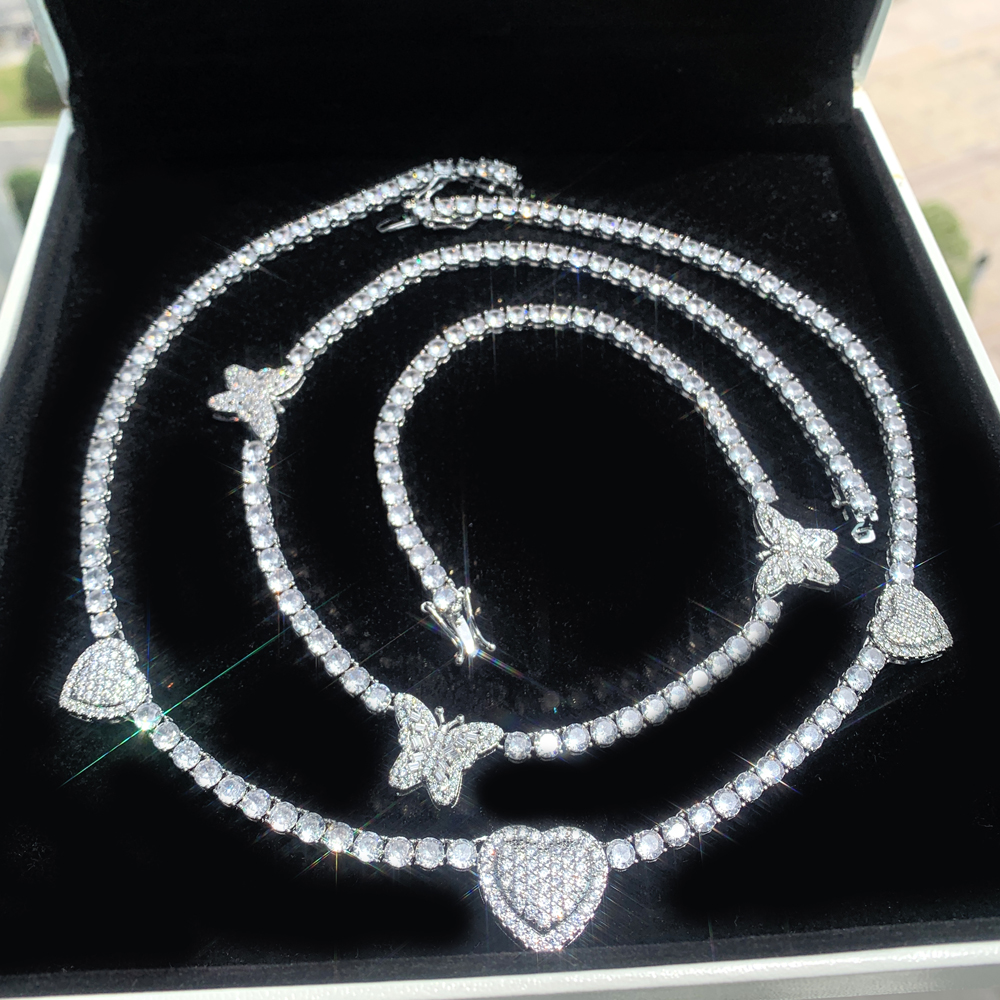 Iced Out Bling Cz Butterfly Heart Tennis Necklace Micro Paved Cubic Zirconia Link Chain Best Gift for Women Hip Hop Jewelry