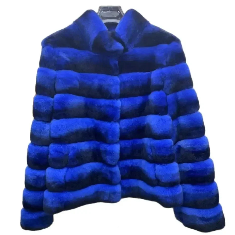 Womens Chinchilla Striped Jacket Real Rex Rabbit Fur Allinone Coat Length 60cm Package Mail Winter Thic 240712