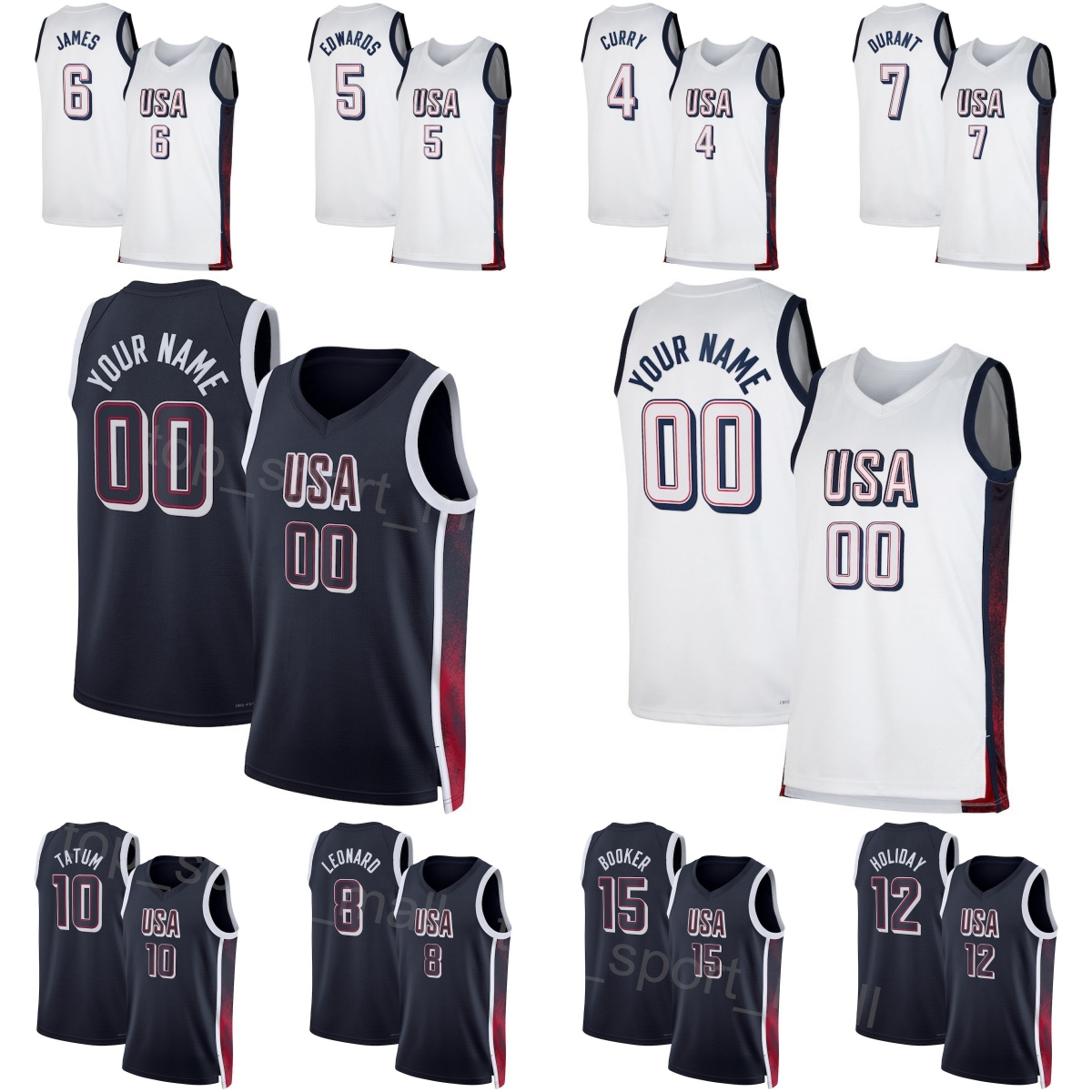2024-25 US Basketball Jerseys 4 Stephen Curry 6 LeBron James 8 Kawhi Leonard 11 Joel Embiid 14 Davis 13 Bam Adebayo 7 Kevin Durant 15 Devin Booker 10 Tatum National Team