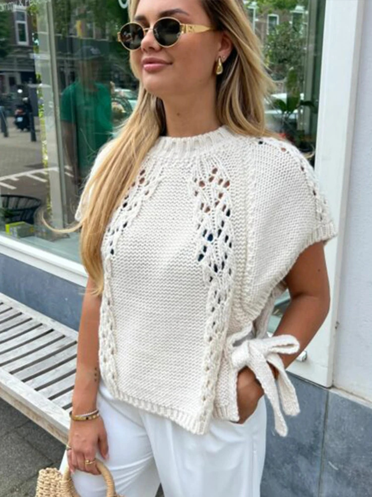 Elegant Hollow Out Knitted Sweater Women Loose Oneck Lace Up Short Sleeve Pullover Autumn Casual Solid Allmatch Outerwear 240713