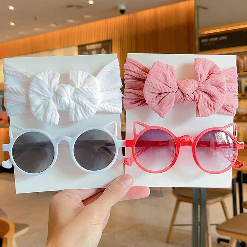 Sunglasses 2 Pcs/Set New Children Cute Colorful Soft Bowknot Wide Hairbands Cat Ears Sunglasses Boys Girls Headwear Kids Hair Accessories