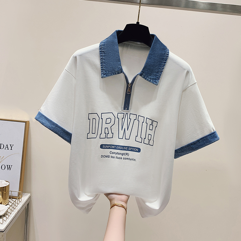 2024 summer new denim patchwork half zipper sweet and cool college style fashionable loose short sleeved T-shirt for women